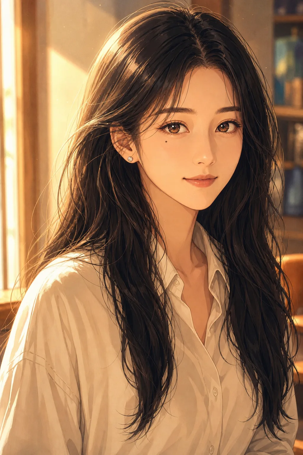 Anime version of the same person on the left — captivating full-color cel-shaded anime portrait generated from her real photo. Same face, translated into modern anime aesthetic (Shinkai / Kyoto Animation cinematic style).