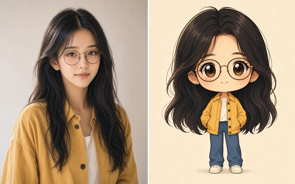 A photograph of a young woman beside the chibi character generated from it, keeping her dark hair, glasses and yellow jacket