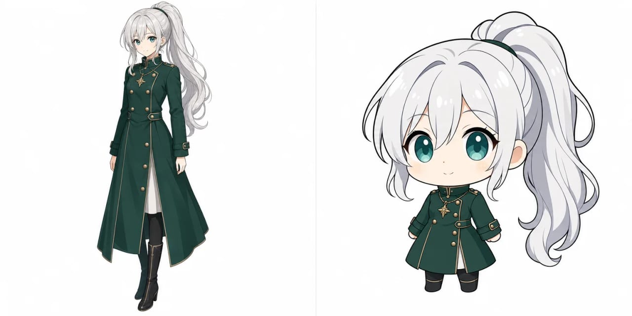 An original character's full-proportion reference art beside the chibi version generated from the same description