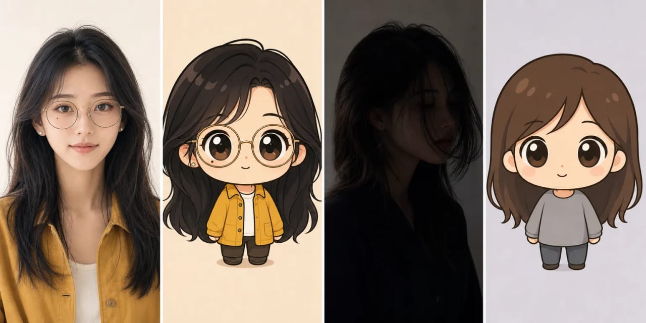 Two source photographs side by side with the chibi each produced — a clear front-facing shot giving a recognisable result, and a dim side-profile shot giving a generic one