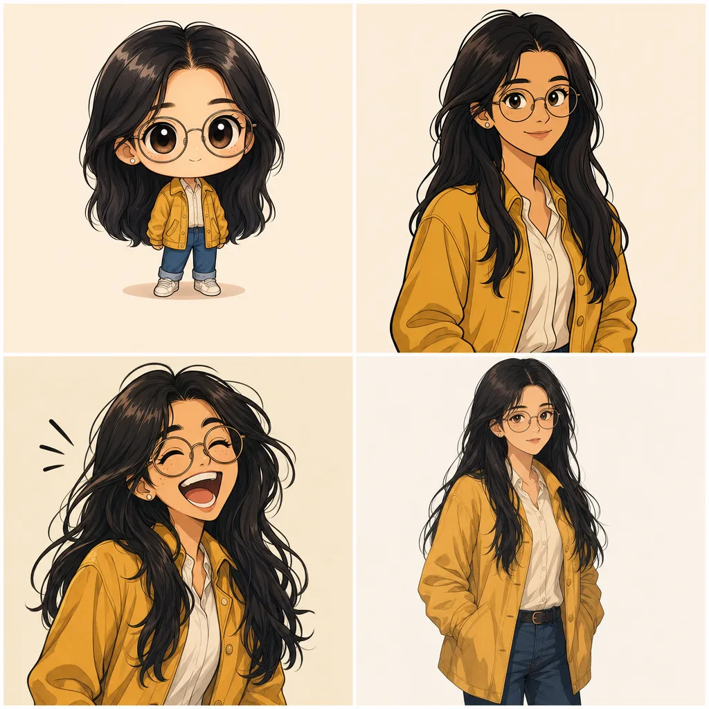 The same woman rendered four ways — chibi at two heads tall, cartoon, comedy, and full-proportion anime — keeping her glasses, dark hair and mustard jacket in each