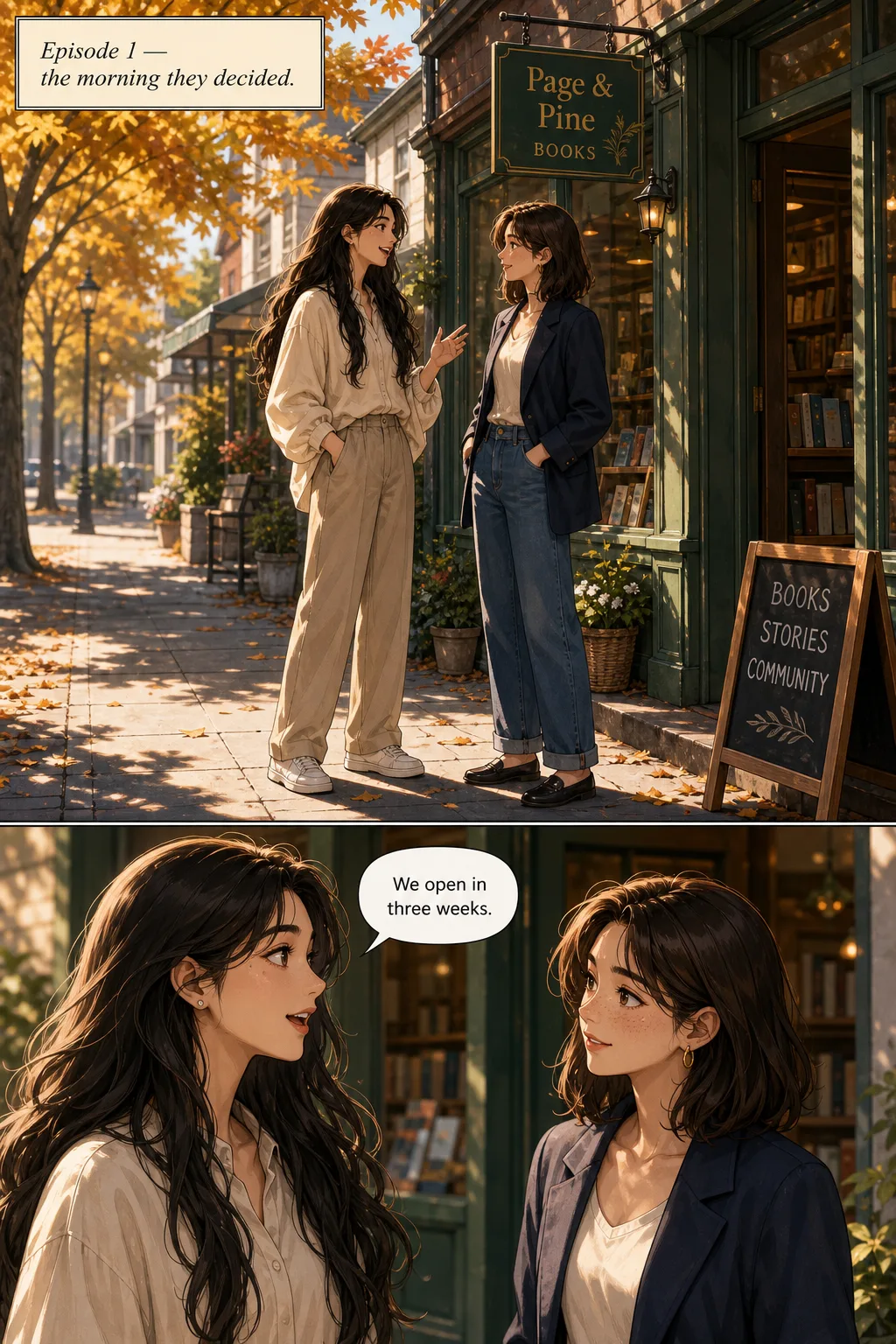 Two-panel vertical-scroll webtoon page. Mira, a woman with long dark hair and a mole below her left eye, talks with Mina, who has a shoulder-length bob, freckles and gold hoop earrings, outside a bookshop in autumn daylight.