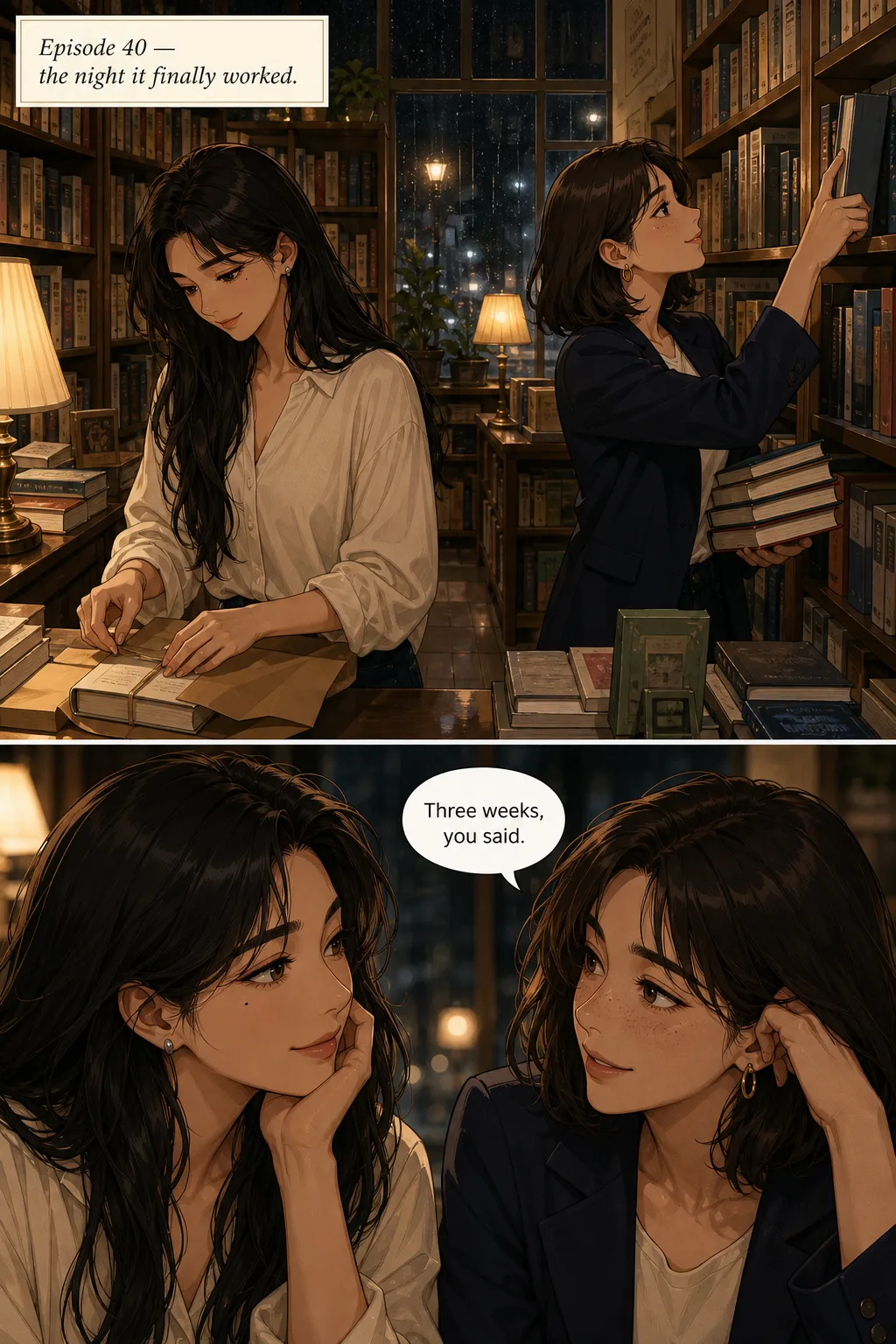 Two-panel vertical-scroll webtoon page from a much later episode. The same two women, Mira and Mina, inside the same bookshop at night in lamplight and rain, with identical facial features to the earlier episode.