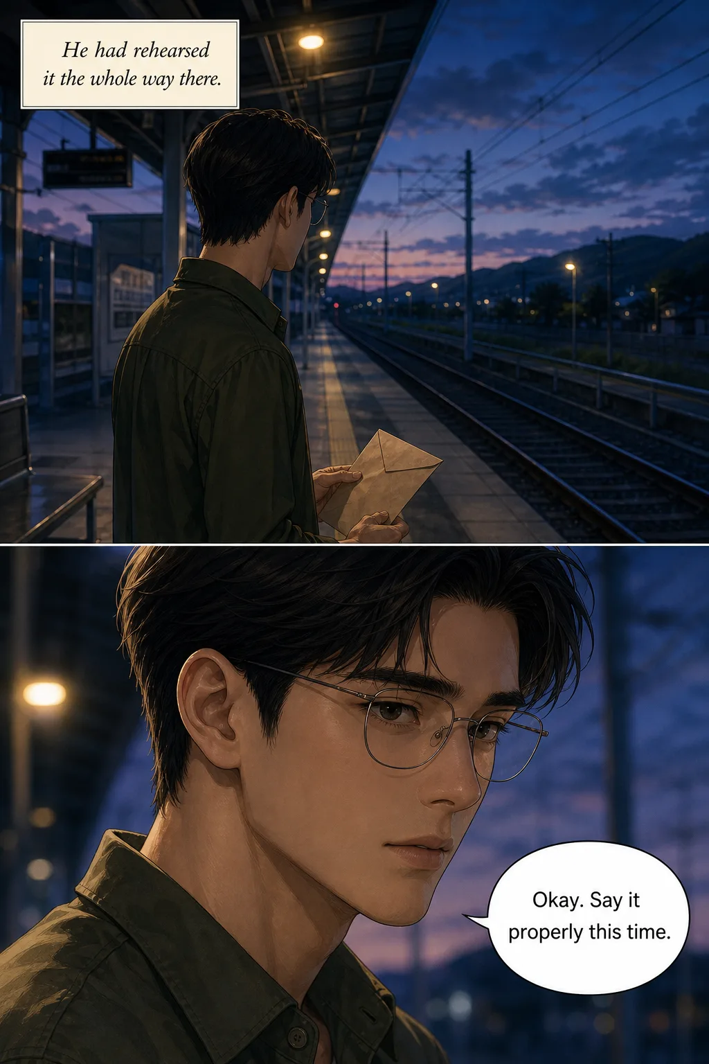 Two-panel vertical-scroll webtoon page. Ren, a man in wire-frame glasses and an olive shirt, waits at a dusk train platform holding a paper envelope.