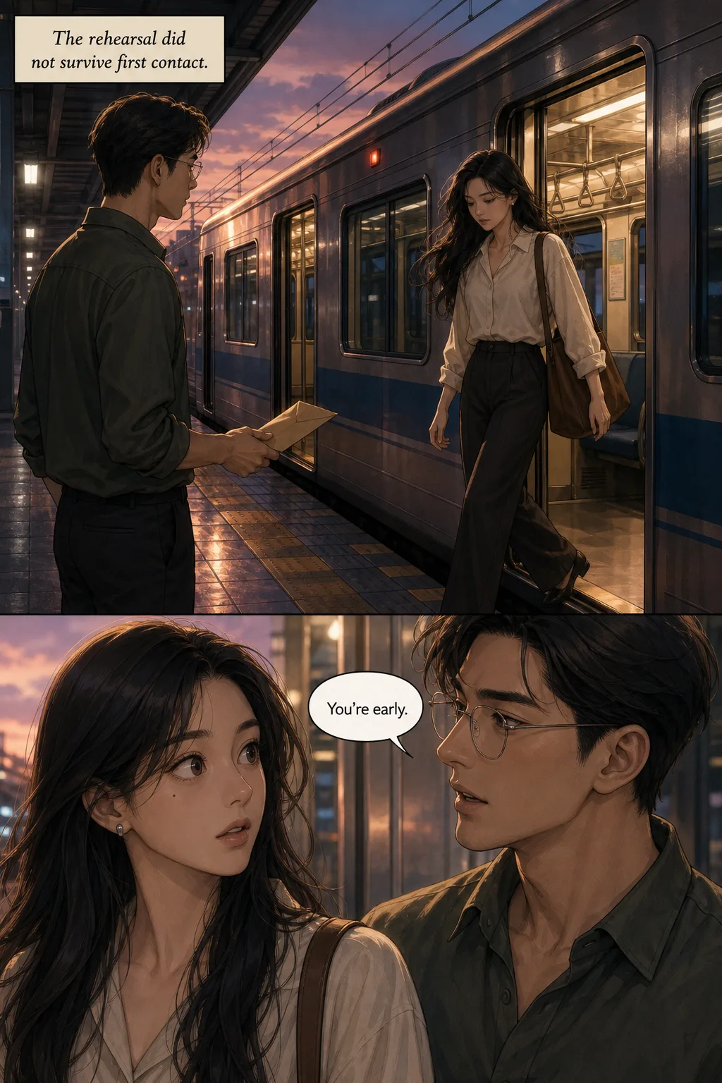 The continuation page. The same man in glasses and olive shirt stands on the same platform as Mira steps down from the arriving train, envelope still held.