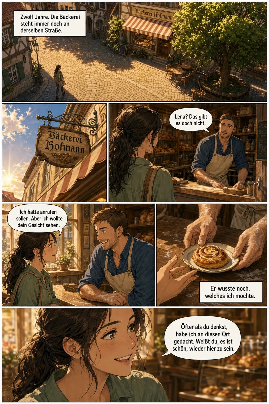Comic-Seite in Farbe, sechs Panels: eine Frau betritt einen sonnigen Marktplatz, das Schild der Bäckerei Hofmann, ein Bäcker erkennt sie hinter der Theke, die beiden reden lachend über den Tresen, seine Hände schieben ihr ein Gebäck hin, Nahaufnahme ihres Gesichts. Deutsche Dialoge in den Sprechblasen.
