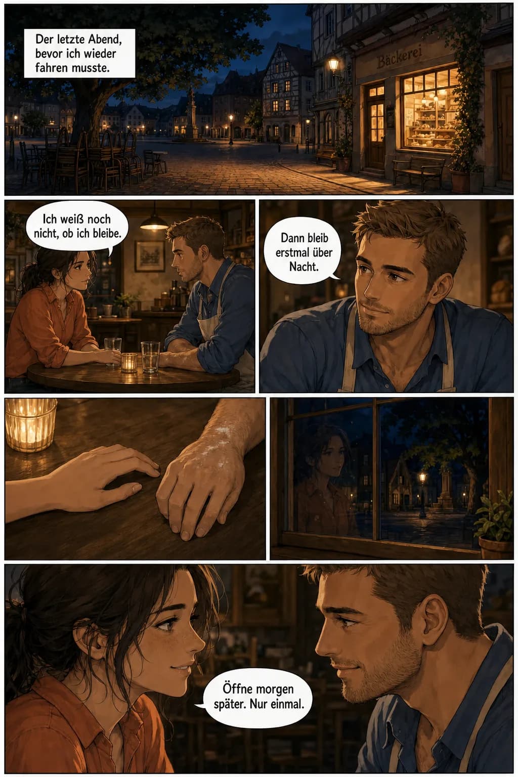 Dieselbe Comic-Seite nach der Wiederholung, identisch bis auf Lenas Hemd, das jetzt rostorange ist. Panels, Sprechblasen, deutscher Text, Licht und Kameraführung unverändert.