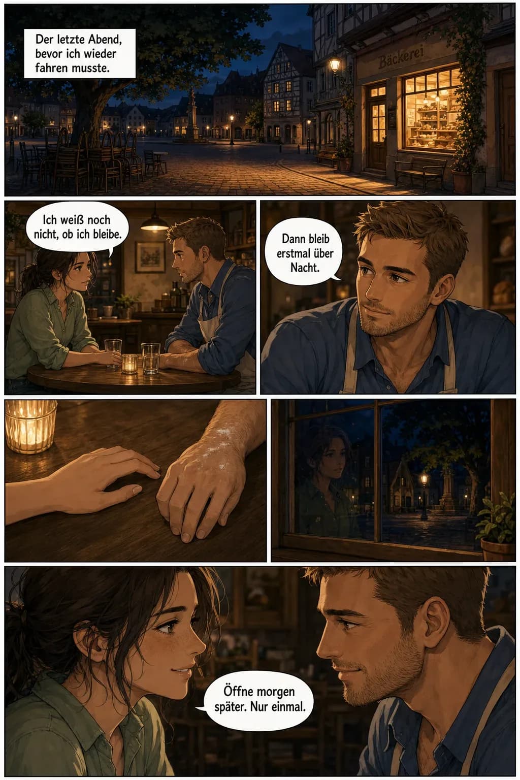 Comic-Seite 14, sechs Panels, Lena trägt ein salbeigrünes Leinenhemd: der Marktplatz in der Dämmerung, beide am Tisch, Nahaufnahme von Jonas, ihre Hand neben seiner, ihre Spiegelung im Fenster, beide Gesichter nebeneinander.