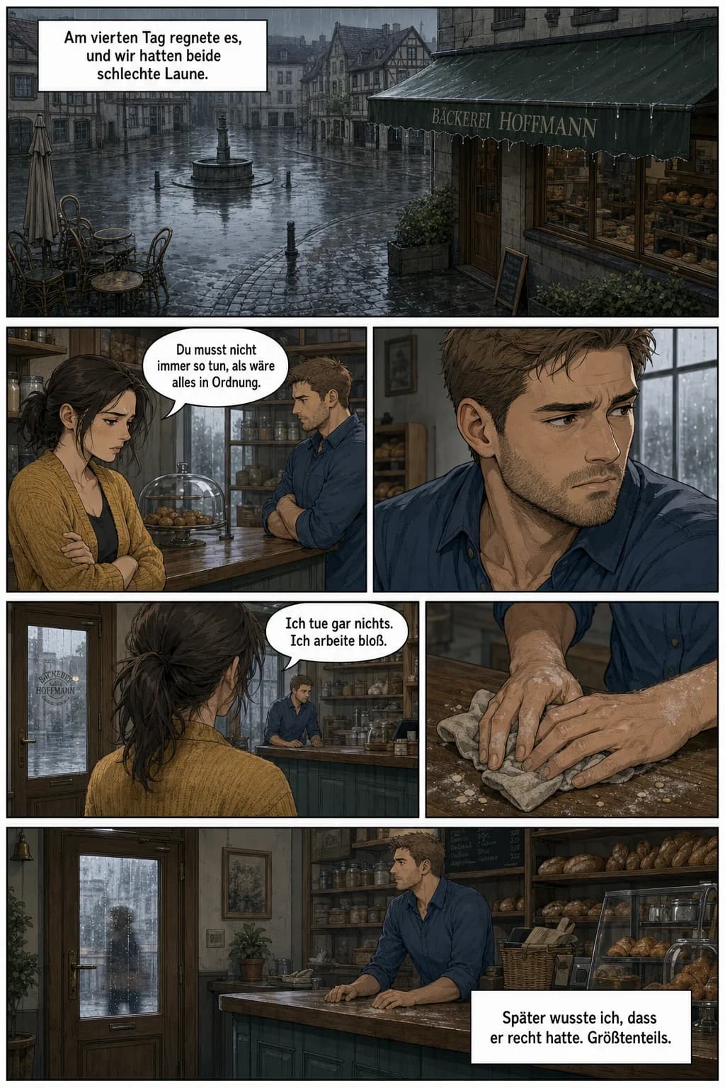 Comic-Seite 4, sechs Panels: der verregnete Marktplatz vor der Bäckerei Hoffmann, Lena im senfgelben Cardigan und Jonas im blauen Hemd streiten über die Theke hinweg, Nahaufnahme seines Gesichts, sie verlässt den Laden, er bleibt allein zurück. Deutsche Dialoge in den Sprechblasen.