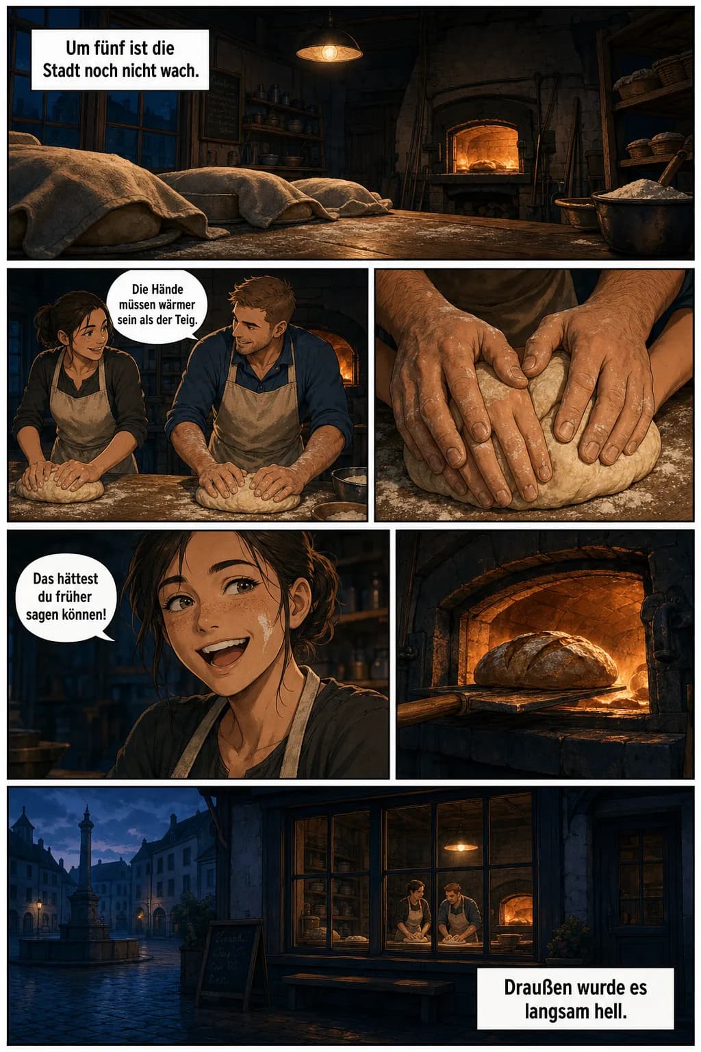 Comic-Seite 9, sechs Panels: die dunkle Backstube im Lampenlicht, Lena und Jonas kneten nebeneinander Teig, Nahaufnahme von vier Händen im Teig, sie lacht mit Mehl auf der Wange, Brot kommt in den Ofen, Blick von draußen durch das Fenster. Deutsche Dialoge in den Sprechblasen.