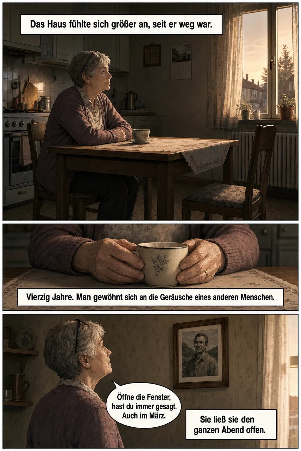 Comic-Seite im Seinen-Stil, drei Panels: Frau Müller sitzt allein am Küchentisch im Abendlicht, der Stuhl gegenüber ist leer; Nahaufnahme ihrer Hände um eine Kaffeetasse mit Ehering; sie steht vor einem gerahmten Foto ihres Mannes an der Wand. Erzähler-Boxen und eine Sprechblase mit deutschem Text.