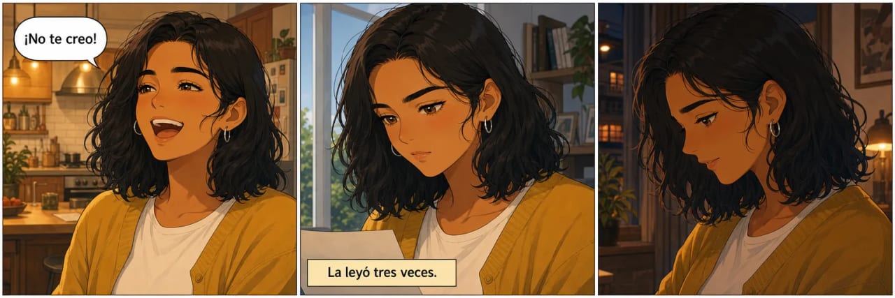 Tira de tres viñetas con la misma protagonista en tres momentos distintos de la historia: riéndose en una cocina, leyendo algo con expresión seria junto a una ventana, y de perfil al atardecer. Misma cara, mismo pelo, mismos aretes en las tres.