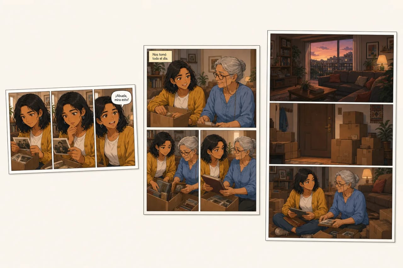 Tres formatos lado a lado con la misma protagonista: una tira cómica horizontal de tres viñetas, una página de cómic vertical de cuatro viñetas, y una página de novela gráfica con tres viñetas panorámicas apiladas.