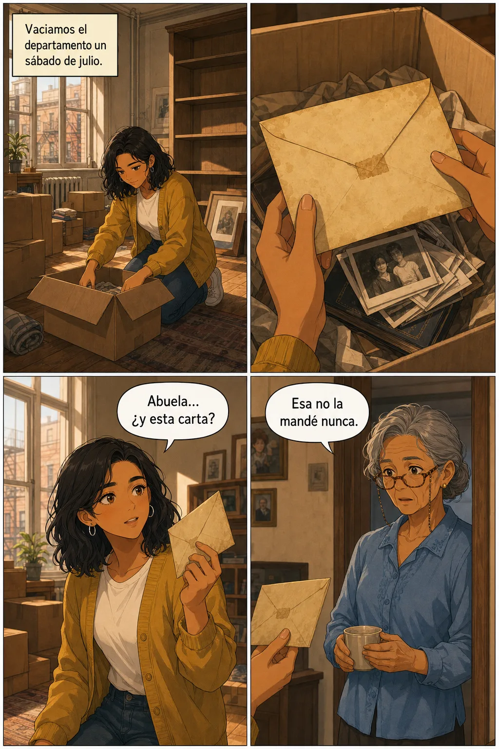 Página de cómic en estilo anime, cuatro viñetas: Lucía vacía un departamento, encuentra un sobre amarillento entre fotos viejas, se lo muestra a su abuela y ella responde que nunca lo envió. Con caja de narración y globos de diálogo en español.