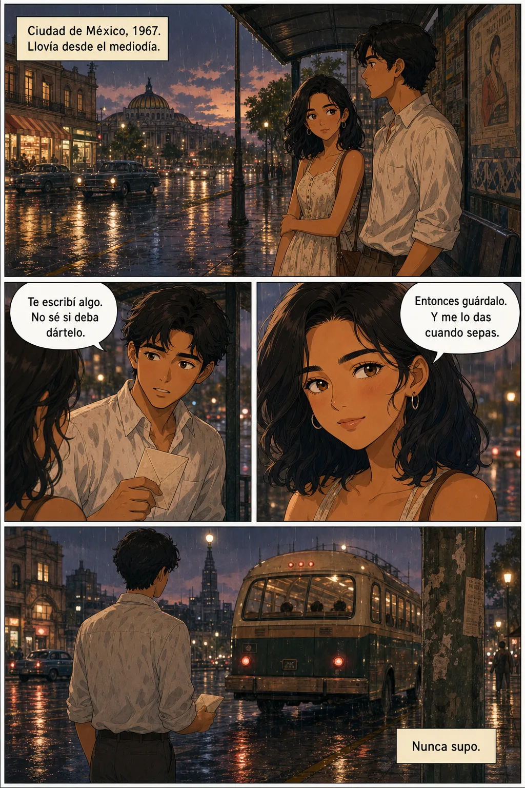 Página de cómic en estilo anime ambientada en Ciudad de México en 1967. Caja de narración: «Ciudad de México, 1967. Llovía desde el mediodía». Un joven le ofrece un sobre a una muchacha en una parada de autobús bajo la lluvia y le dice «Te escribí algo. No sé si deba dártelo»; ella responde «Entonces guárdalo. Y me lo das cuando sepas». La última viñeta cierra con «Nunca supo».