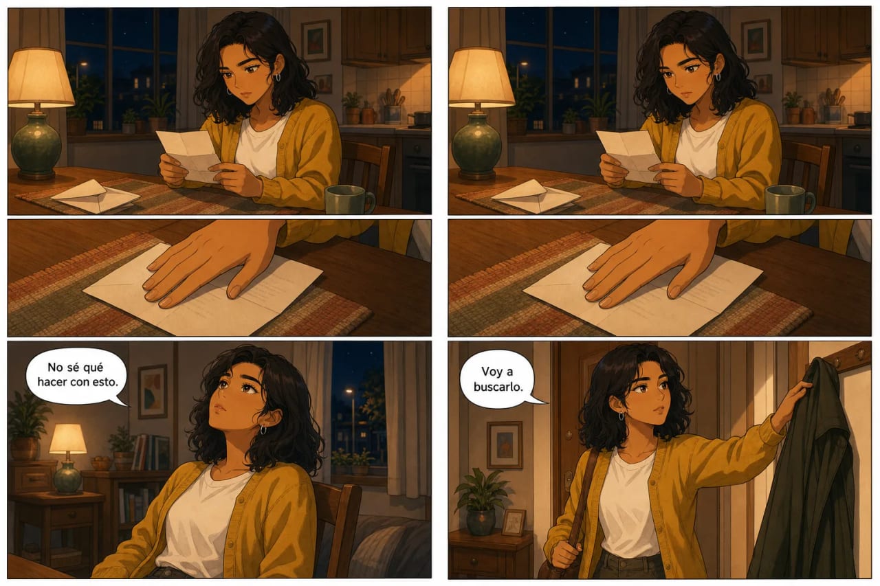 La misma página de cómic mostrada dos veces. Las dos primeras viñetas son idénticas; solo cambia la última: en una versión Lucía dice «No sé qué hacer con esto» sentada en la mesa, y en la otra se levanta a tomar su abrigo diciendo «Voy a buscarlo».