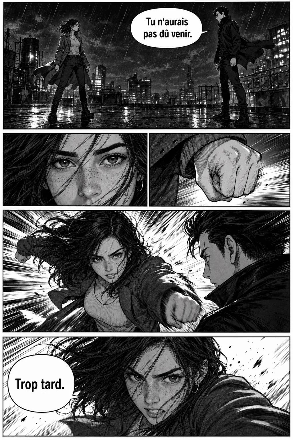 Planche de manga en noir et blanc, cinq cases : deux personnages face à face sur un toit sous la pluie, un gros plan sur les yeux de la jeune femme, son poing qui se ferme, puis son élan vers l'avant en lignes de vitesse. Dialogues en français dans les bulles.