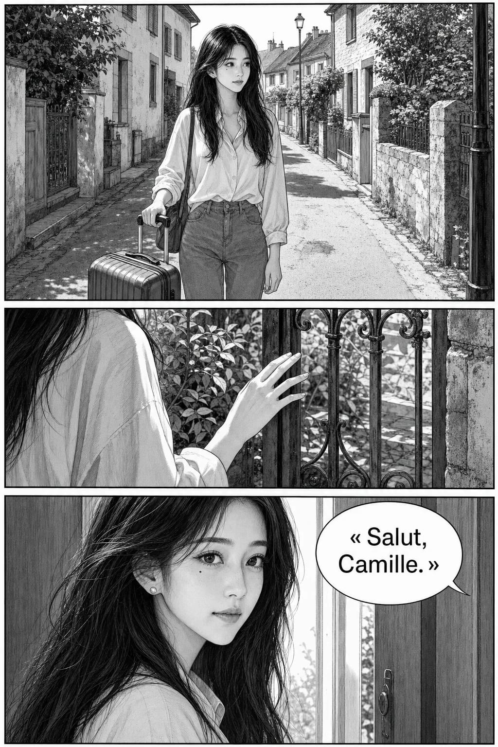Planche 2 sur 8 : manga noir et blanc généré par IA, dialogues en français, les mêmes deux personnages que sur les planches précédentes.