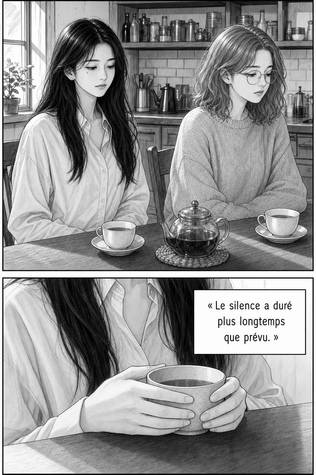 Planche 3 sur 8 : manga noir et blanc généré par IA, dialogues en français, les mêmes deux personnages que sur les planches précédentes.