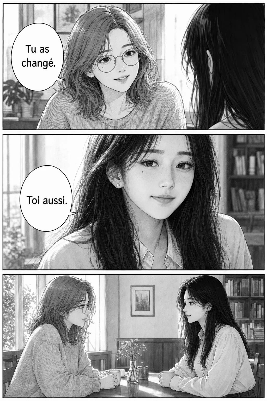 Planche 4 sur 8 : manga noir et blanc généré par IA, dialogues en français, les mêmes deux personnages que sur les planches précédentes.