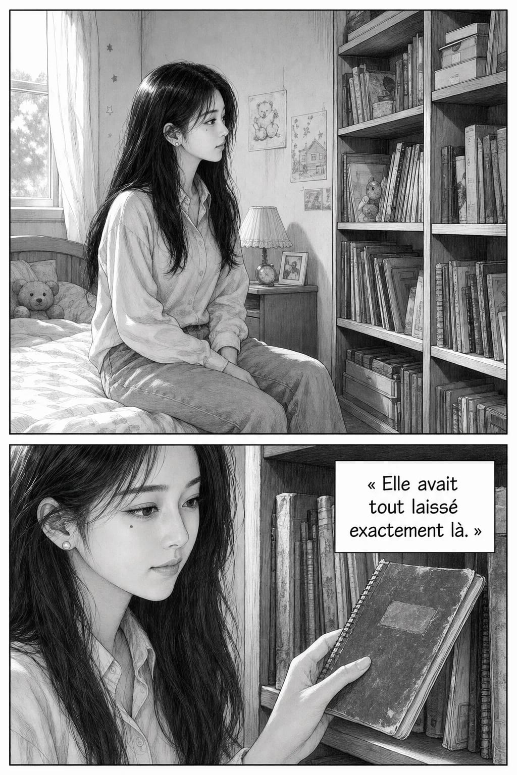 Planche 5 sur 8 : manga noir et blanc généré par IA, dialogues en français, les mêmes deux personnages que sur les planches précédentes.