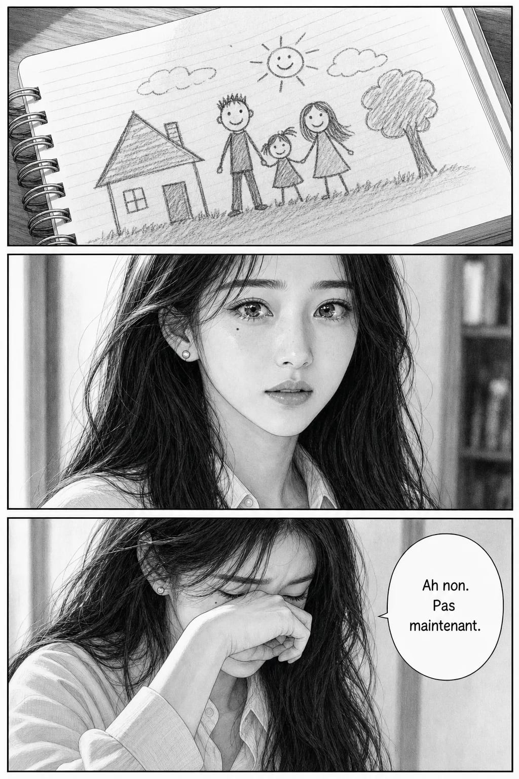 Planche 6 sur 8 : manga noir et blanc généré par IA, dialogues en français, les mêmes deux personnages que sur les planches précédentes.