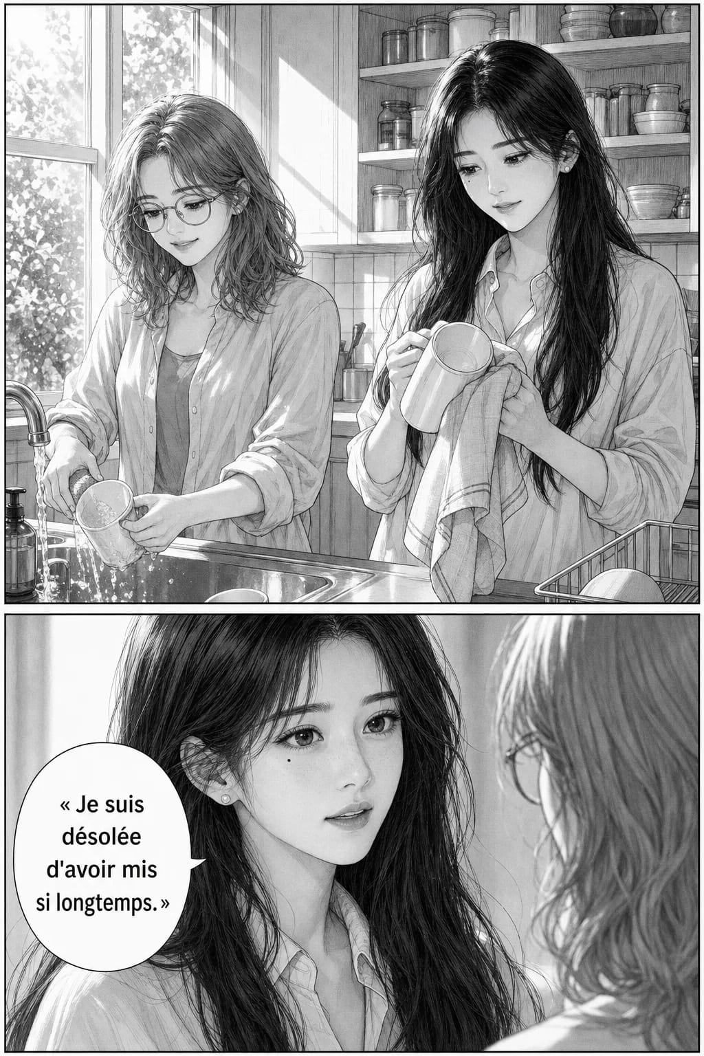 Planche 7 sur 8 : manga noir et blanc généré par IA, dialogues en français, les mêmes deux personnages que sur les planches précédentes.