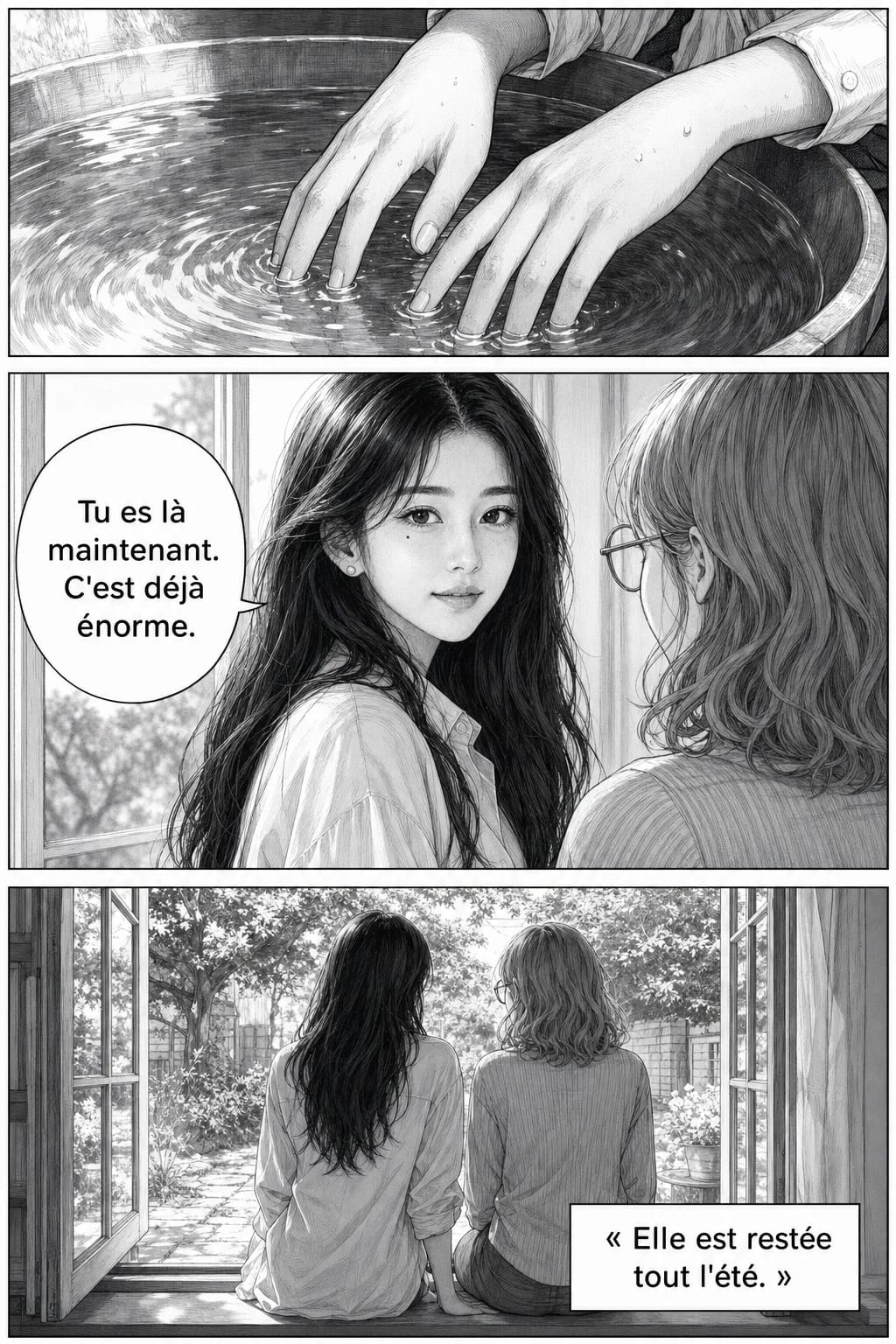 Planche 8 sur 8 : manga noir et blanc généré par IA, dialogues en français, les mêmes deux personnages que sur les planches précédentes.