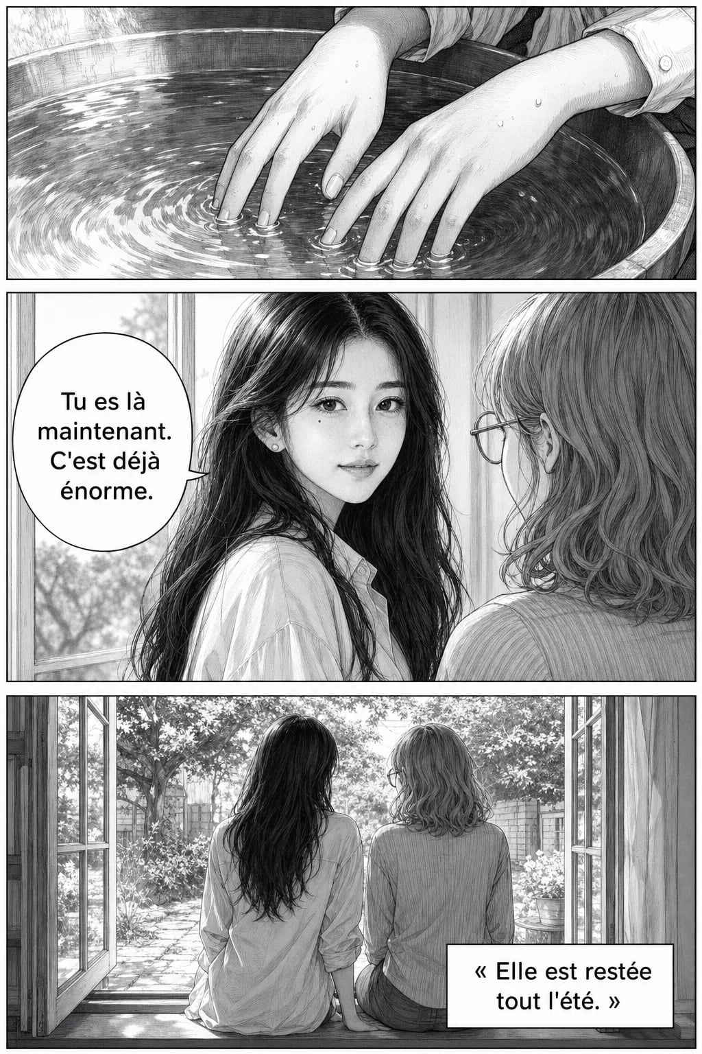 Planche 8 sur 8 : manga noir et blanc généré par IA, dialogues en français, les mêmes deux personnages que sur les planches précédentes.