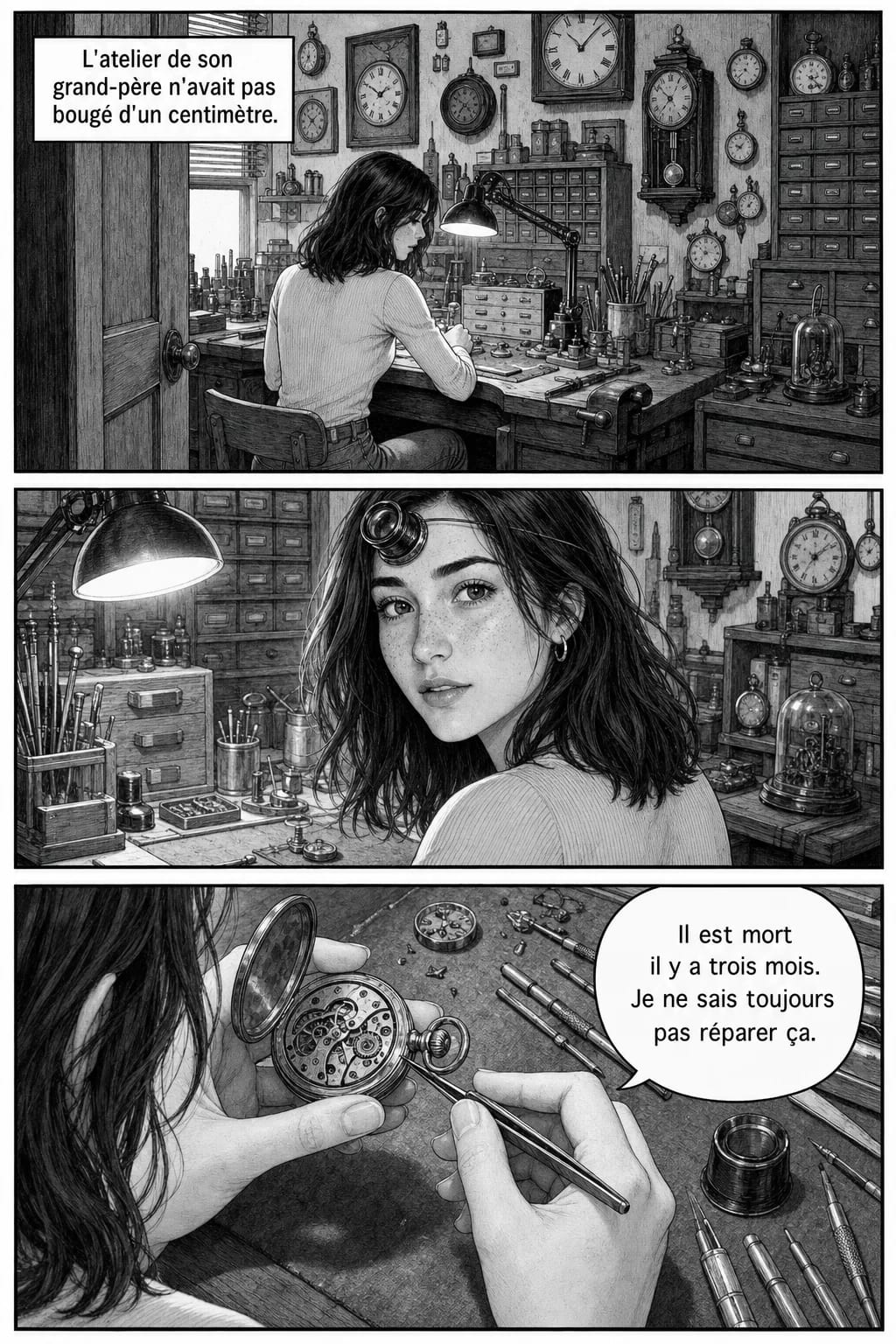 Planche de manga noir et blanc : l'atelier d'horlogerie vu depuis la porte, une jeune femme aux cheveux mi-longs ondulés à l'établi, puis un gros plan sur ses mains et une montre de poche ouverte. Dialogues en français.