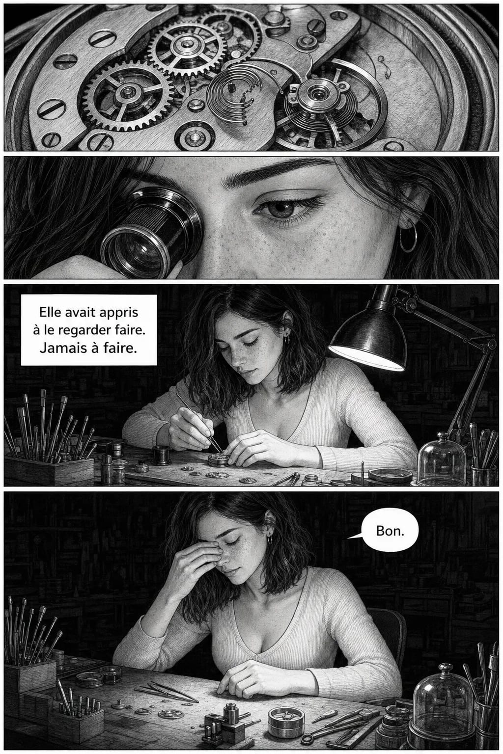 Quatre cases : le mécanisme de la montre en très gros plan, l'œil de la même femme derrière sa loupe, elle penchée sur l'établi sous la lampe, puis se redressant en se frottant les yeux.