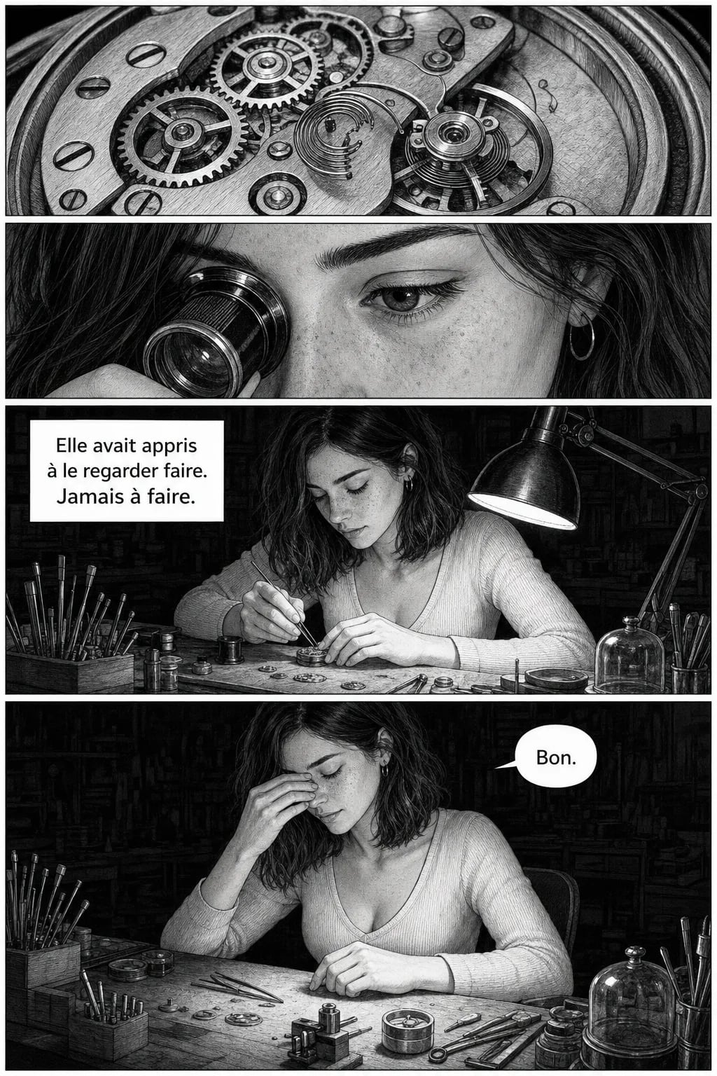 Quatre cases : le mécanisme de la montre en très gros plan, l'œil de la même femme derrière sa loupe, elle penchée sur l'établi sous la lampe, puis se redressant en se frottant les yeux.