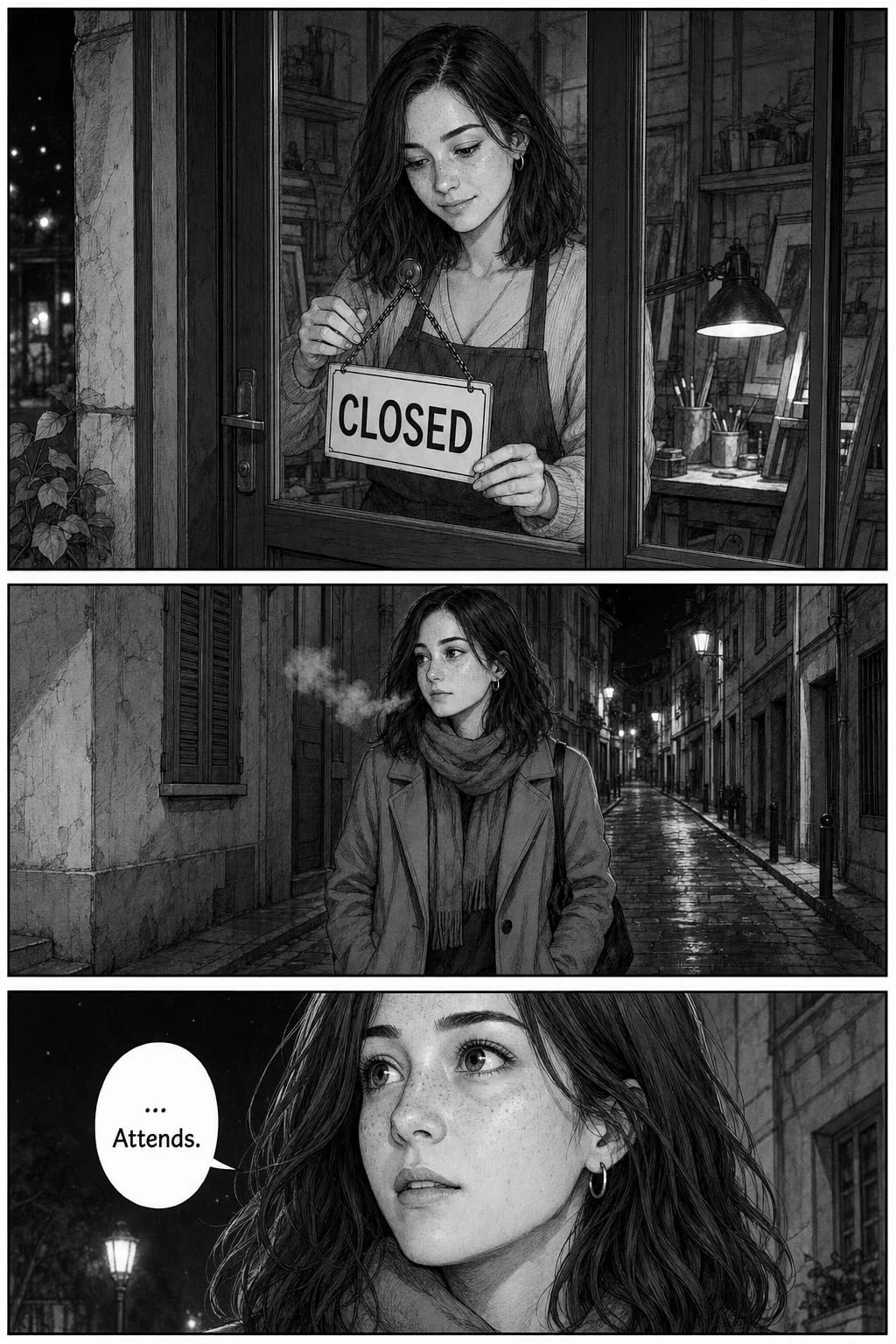 La même femme retourne le panneau FERMÉ sur la porte de l'atelier la nuit, marche dans une rue étroite, puis s'arrête et lève les yeux.