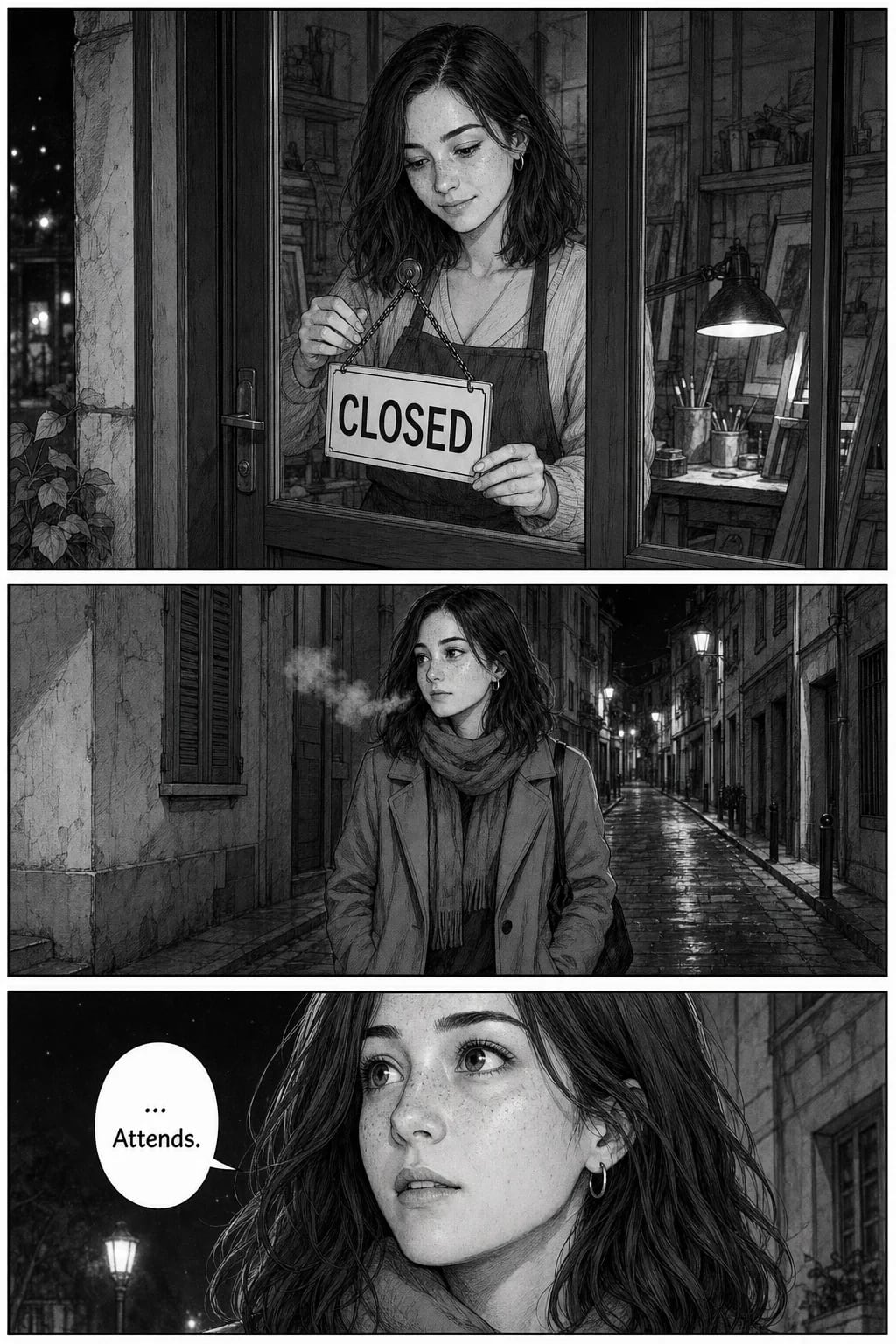 La même femme retourne le panneau FERMÉ sur la porte de l'atelier la nuit, marche dans une rue étroite, puis s'arrête et lève les yeux.