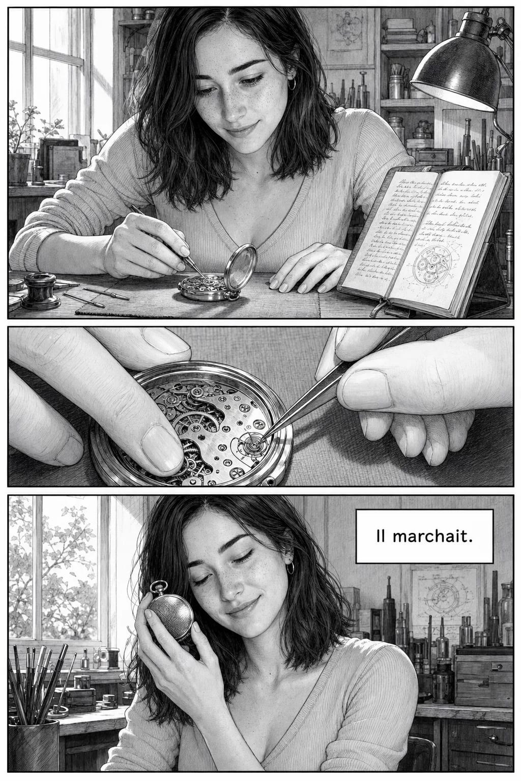 La même femme le lendemain matin, le carnet de son grand-père ouvert à côté d'elle, ses mains posant un ressort à la pince, puis la montre contre son oreille et un sourire.