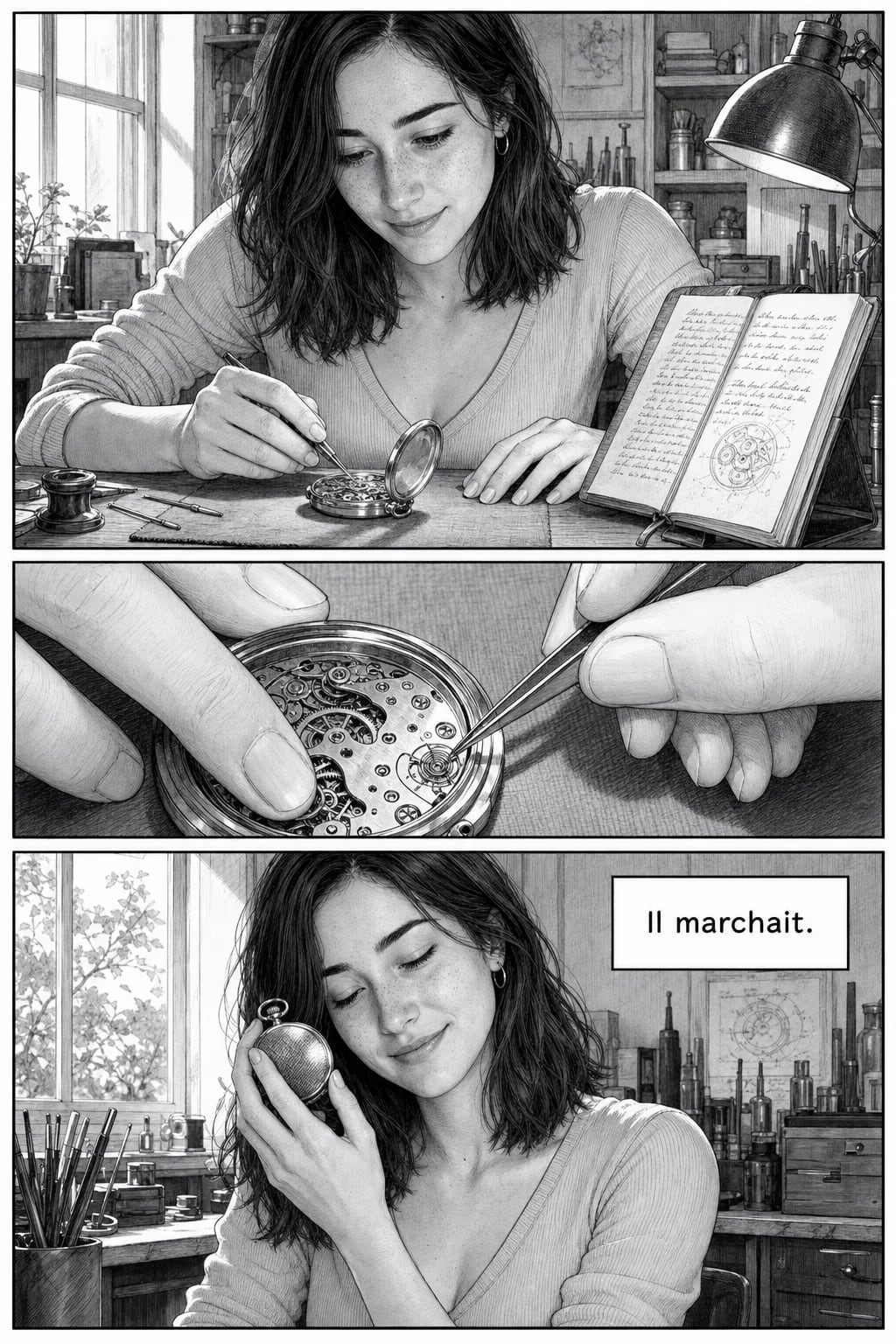 La même femme le lendemain matin, le carnet de son grand-père ouvert à côté d'elle, ses mains posant un ressort à la pince, puis la montre contre son oreille et un sourire.