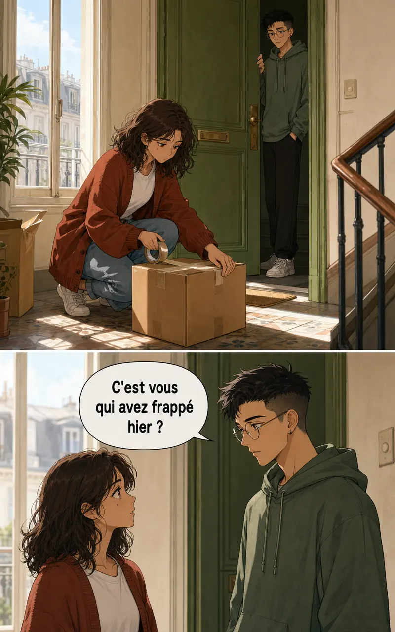 Deux cases en plein jour : Léa accroupie scotche un carton sur un palier pendant que Yannis, jeune homme à lunettes rondes et sweat vert, l'observe depuis l'embrasure de sa porte ; puis tous deux face à face, Yannis demandant « C'est vous qui avez frappé hier ? ».