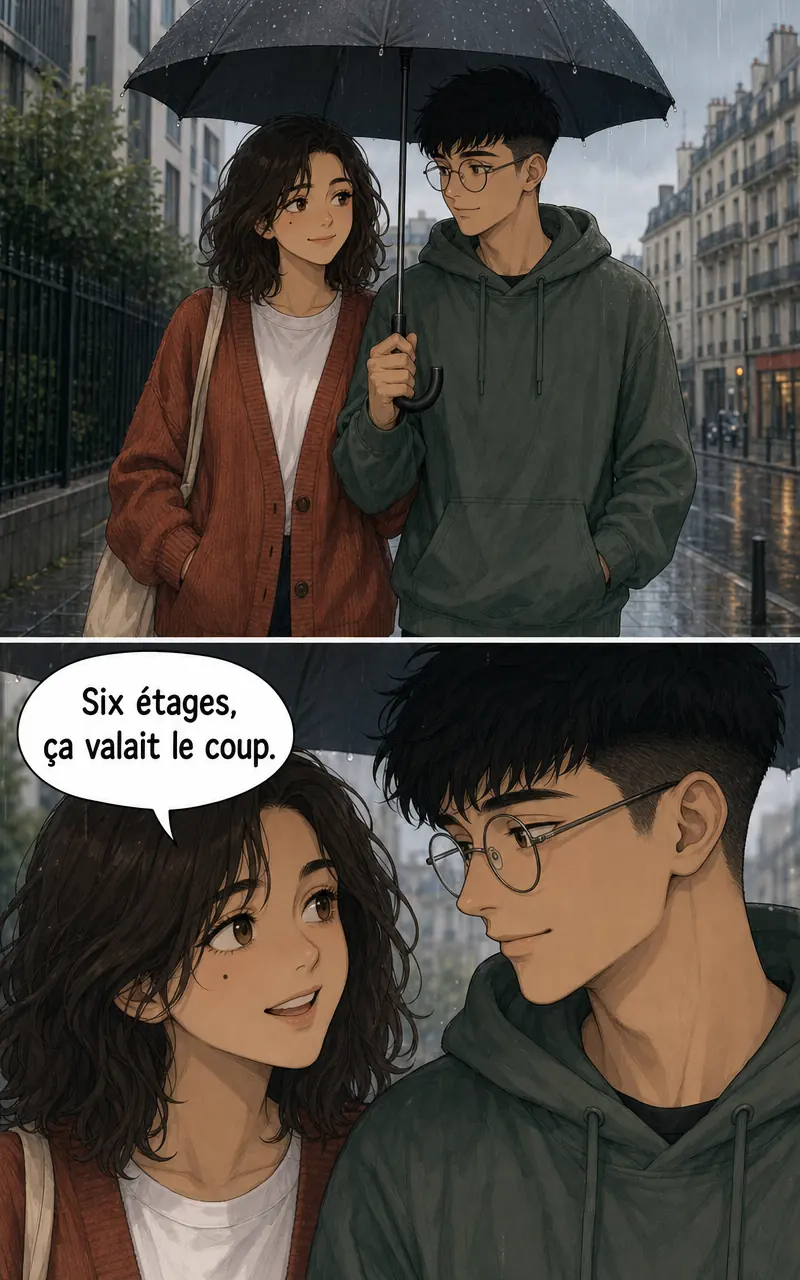 Deux cases sous un ciel gris de pluie : Léa et Yannis marchent sous un même parapluie dans une rue parisienne ; puis un gros plan des deux visages tournés l'un vers l'autre, Léa disant « Six étages, ça valait le coup ».