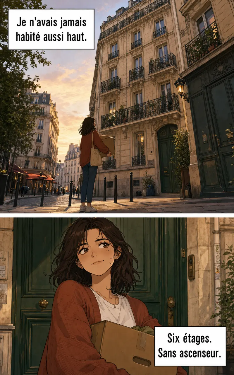 Unité de webtoon en couleur, deux cases : une jeune femme devant un immeuble parisien au crépuscule, un carton dans les bras, puis un gros plan sur son visage. Récitatifs en français.