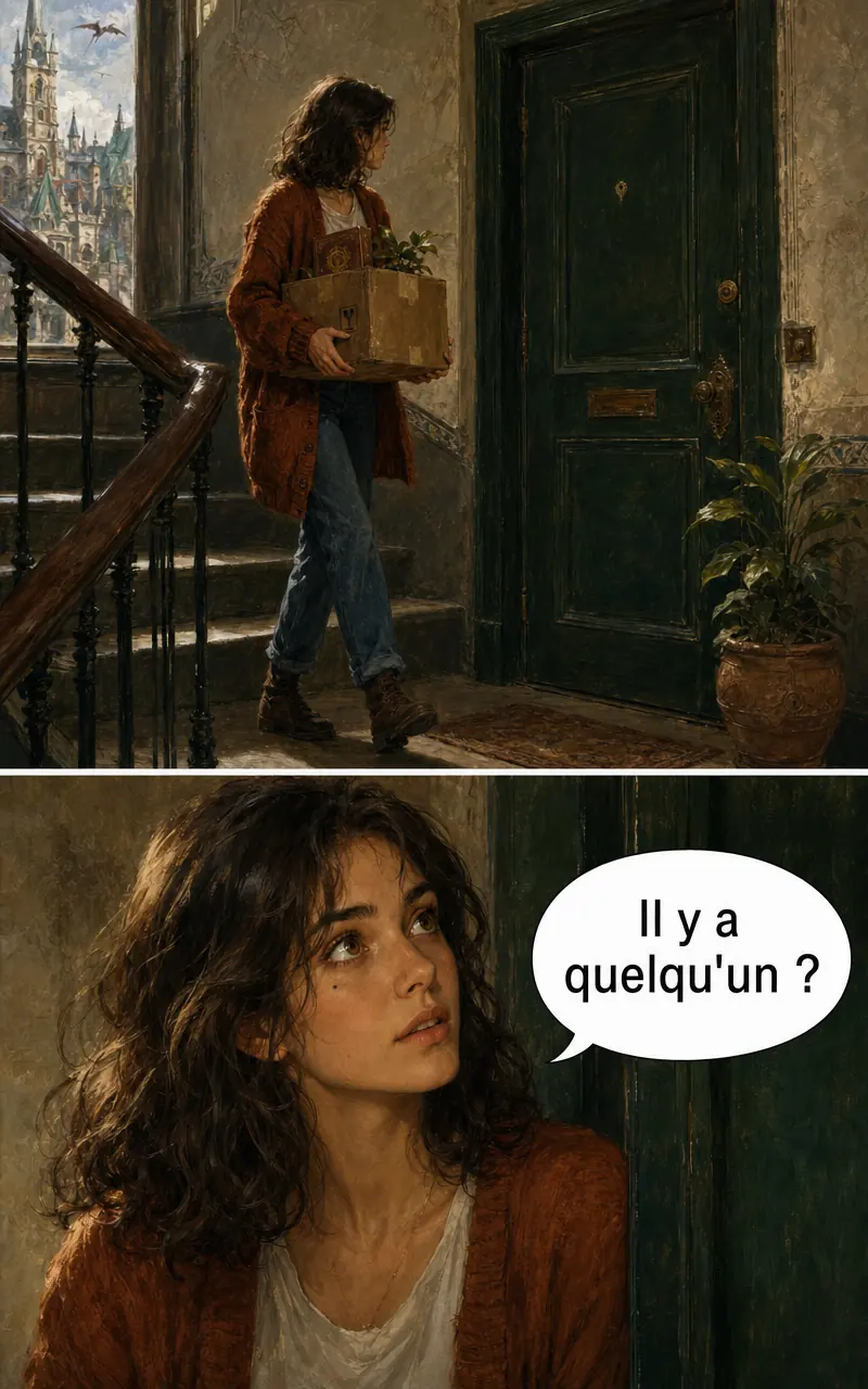 La même scène d'escalier rendue en style Fantasy : Léa devant une porte fermée, puis un gros plan sur son visage avec la bulle « Il y a quelqu'un ? ».