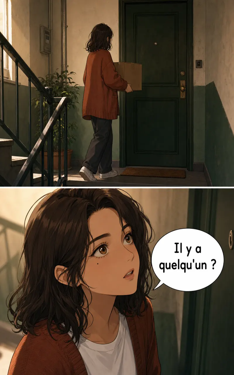 La même scène d'escalier rendue en style Manhwa : Léa devant une porte fermée, puis un gros plan sur son visage avec la bulle « Il y a quelqu'un ? ».