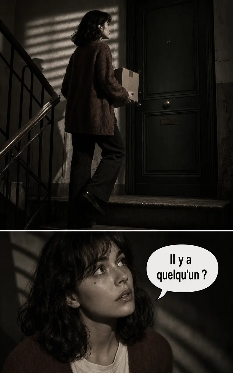 La même scène d'escalier rendue en style Noir : Léa devant une porte fermée, puis un gros plan sur son visage avec la bulle « Il y a quelqu'un ? ».