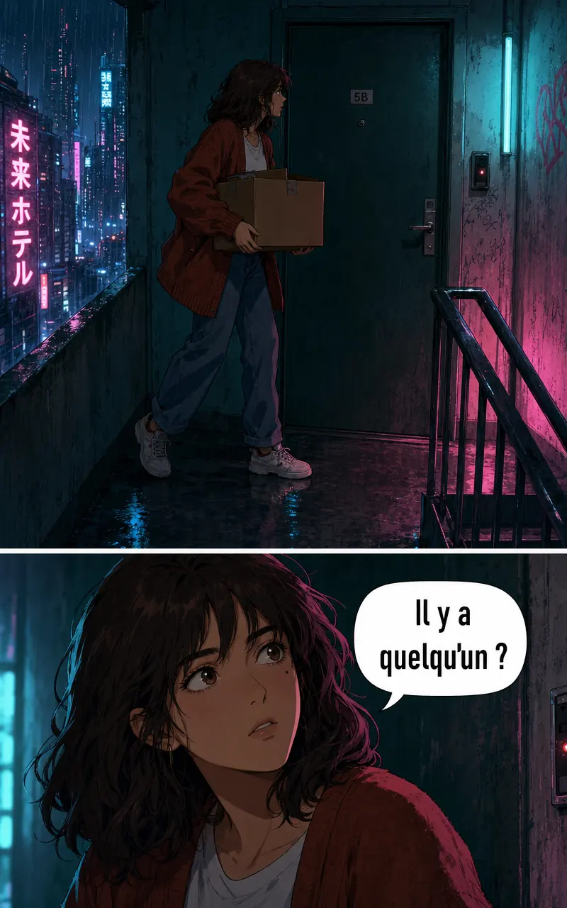 La même scène d'escalier rendue en style Sci-Fi : Léa devant une porte fermée, puis un gros plan sur son visage avec la bulle « Il y a quelqu'un ? ».