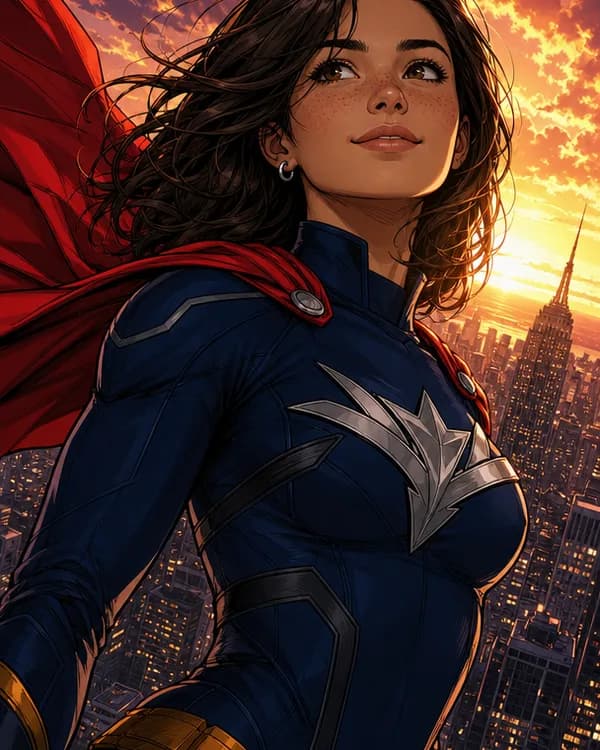 Mina rendered as a superhero comic panel — same face, same freckles, same earring as her reference photo