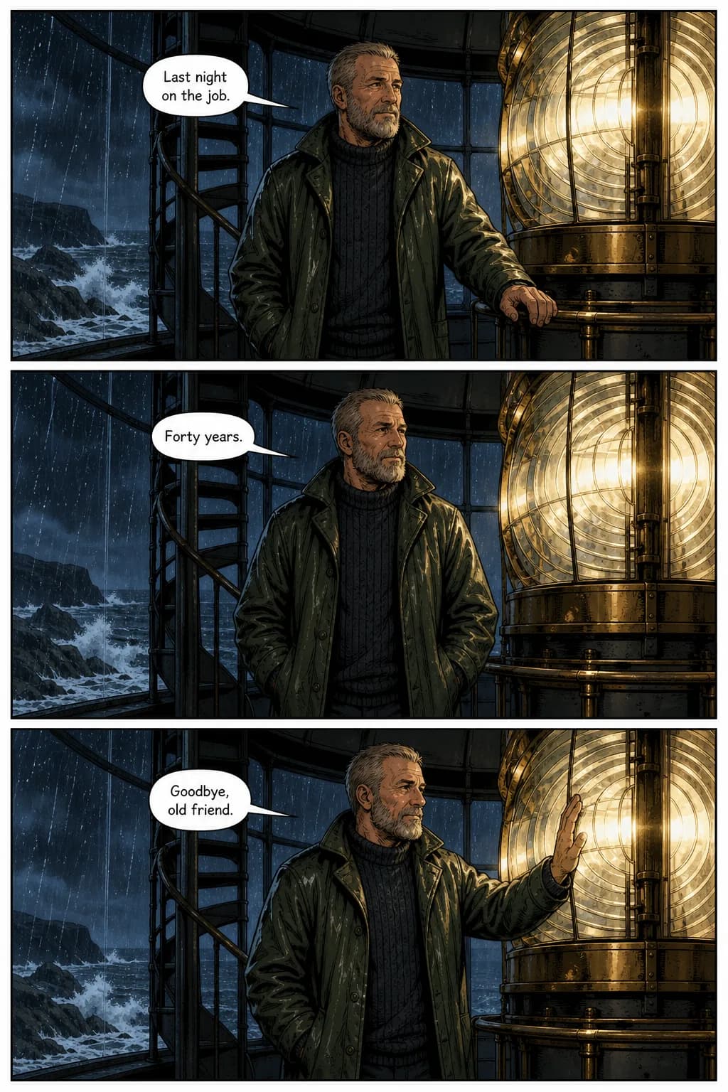 A comic page generated from prompt input: a lighthouse keeper on his last night before the light is automated. The same scene and the same character as the other two tiers, so the only difference is how much the input specified.