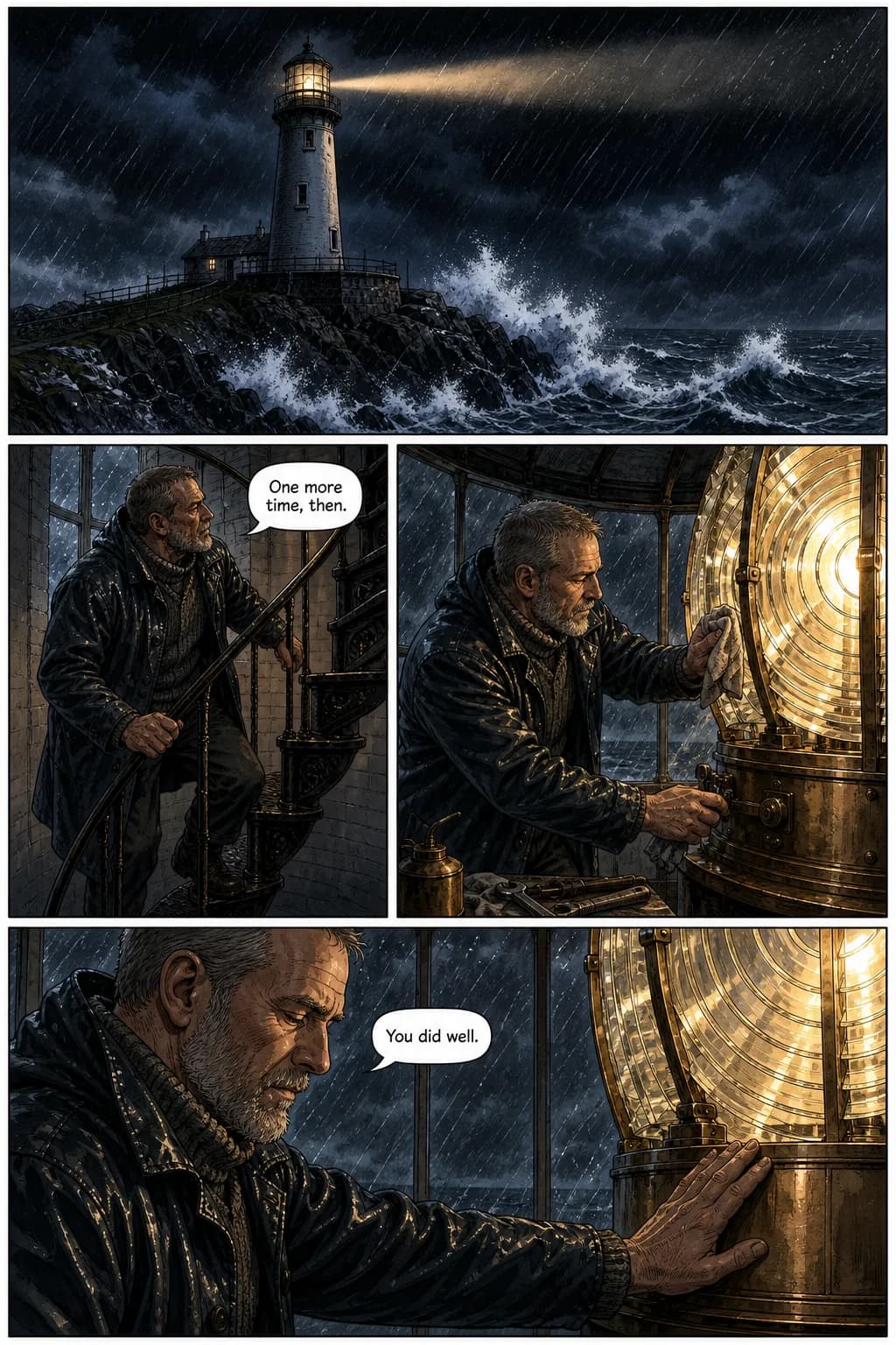 A comic page generated from short story input: a lighthouse keeper on his last night before the light is automated. The same scene and the same character as the other two tiers, so the only difference is how much the input specified.