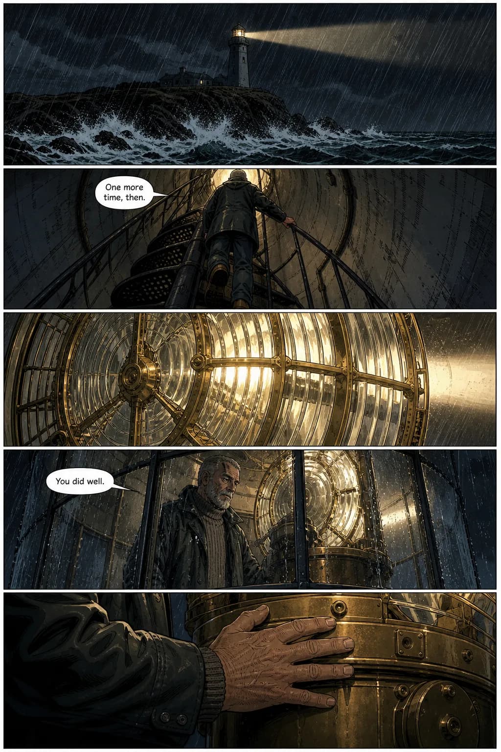 A comic page generated from full script input: a lighthouse keeper on his last night before the light is automated. The same scene and the same character as the other two tiers, so the only difference is how much the input specified.