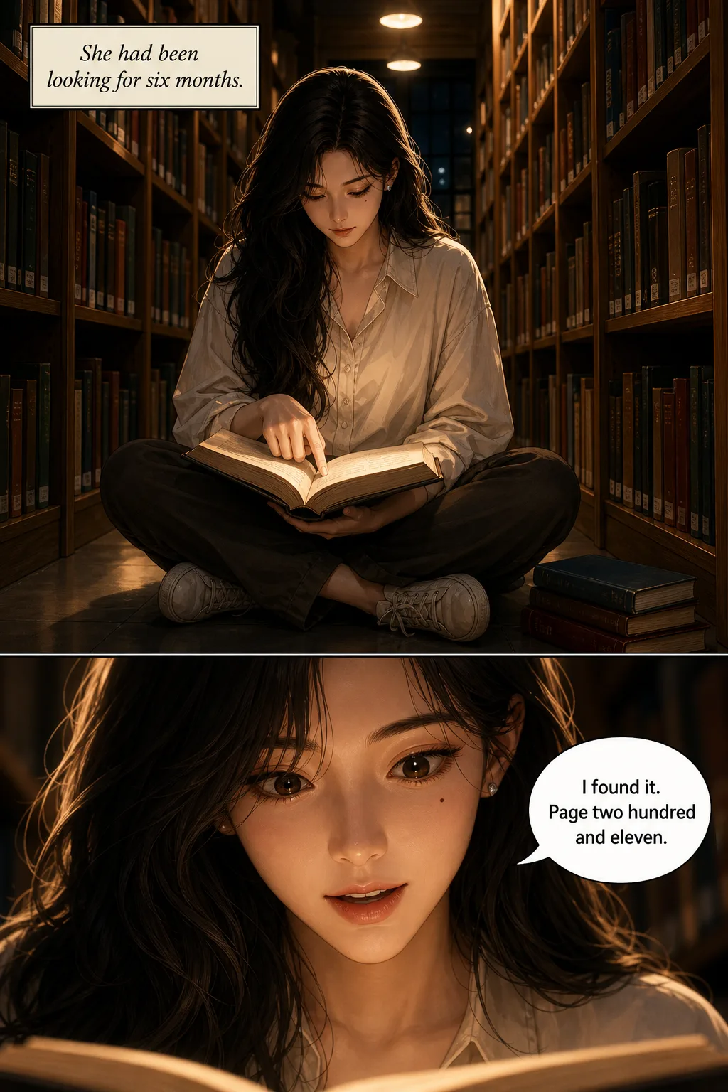 Two-panel vertical-scroll webtoon page with English lettering. Mira sits reading in a library aisle at night, with a caption box and a speech bubble in English.