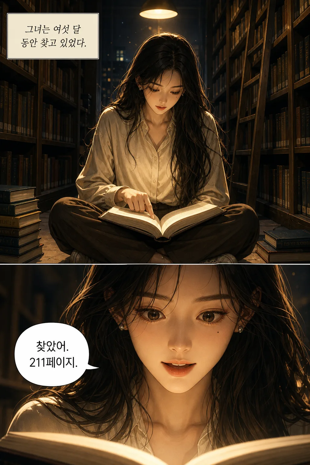 The same two-panel library scene generated with Korean lettering — the caption box and speech bubble rendered in Hangul.