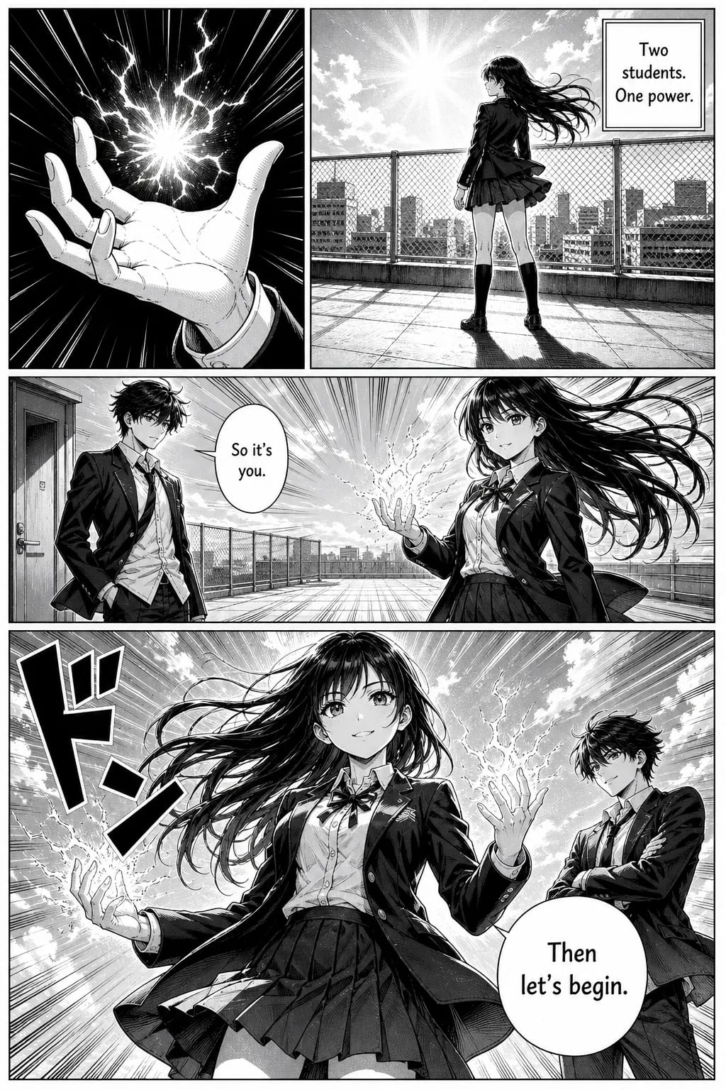 Sample AI-generated comic strip from TaleAtelier — four-panel manga-style layout showing the same two characters across four distinct scenes, demonstrating character consistency in a multi-panel strip.